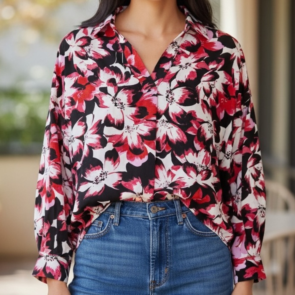 Rafaella Popover Blouse NWT Size Large Cabaret Red Relaxed Fit High-Low Hem